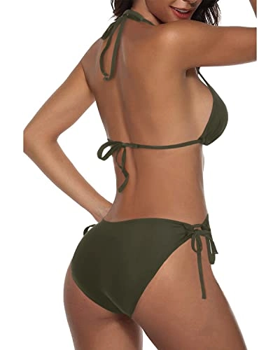 2 Piece Chic Lace-Up Cheeky Halter Triangle Bikini Set-Army Green