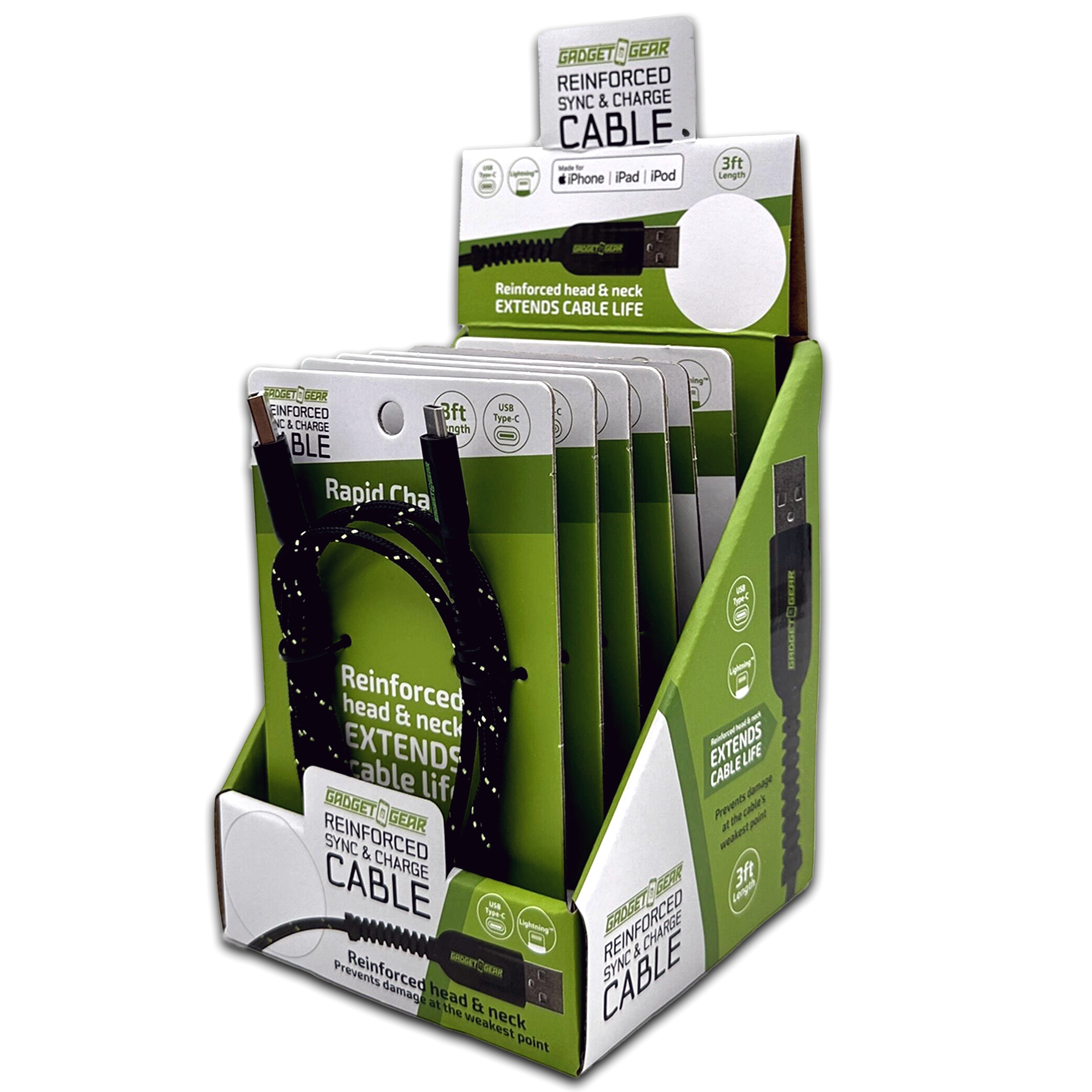Charging Cable Reinforced Assortment 3FT 2.4 Amp - 6 Pieces Per Retail Ready Display 88476