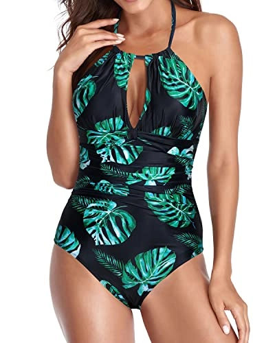 Chic Open Back Tummy Control One Piece Swimsuits-Black And Green Leaf
