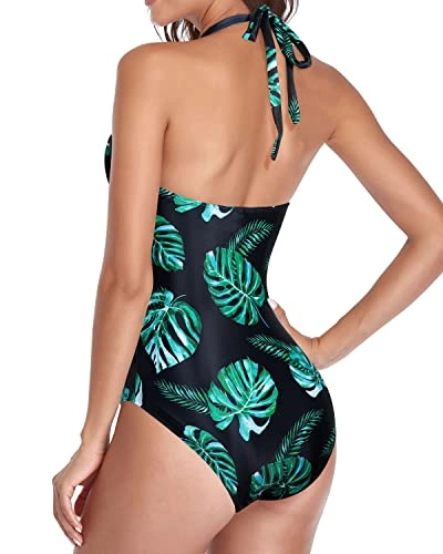 Chic Open Back Tummy Control One Piece Swimsuits-Black And Green Leaf
