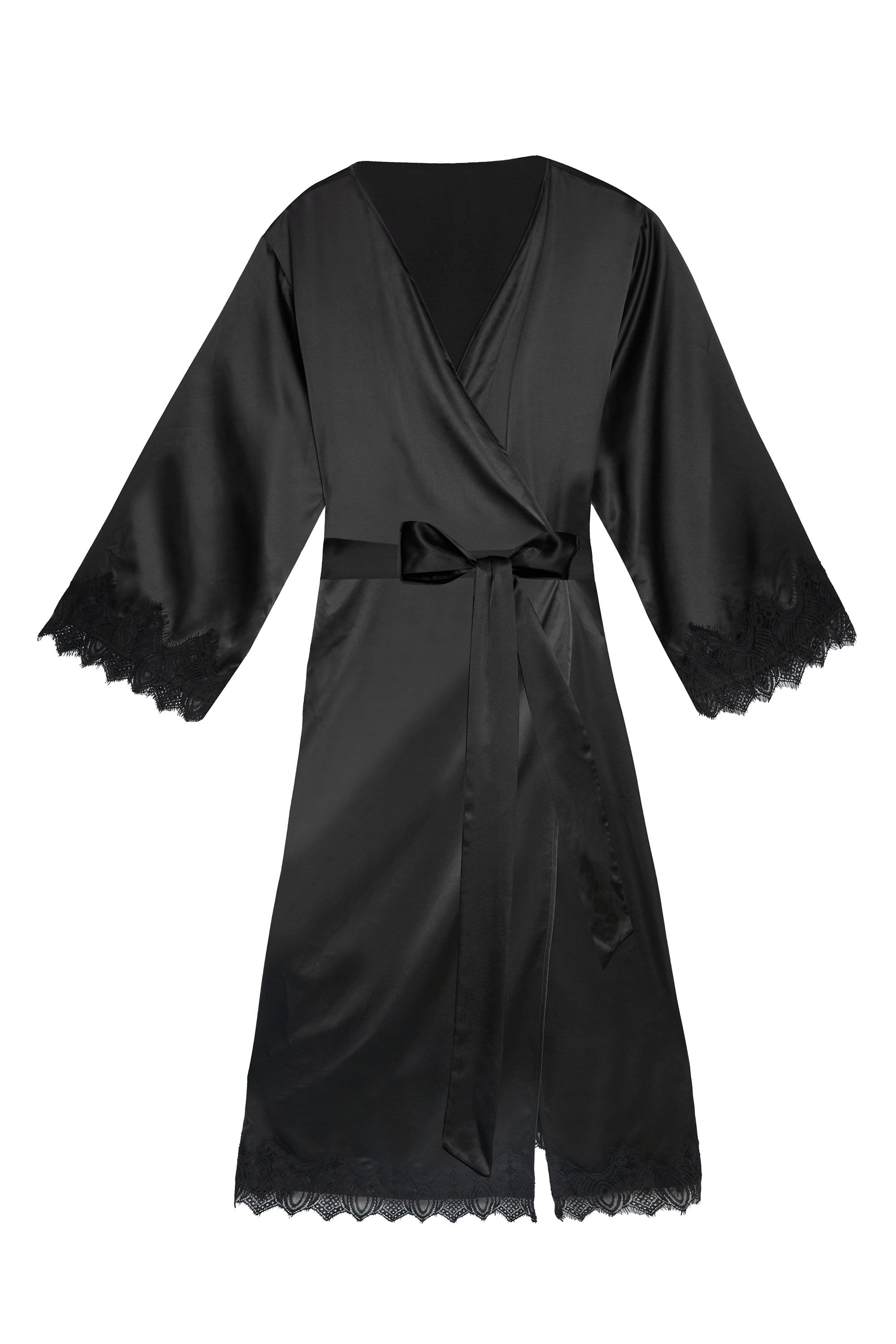 Enyo Black Applique Lace & Satin Robe