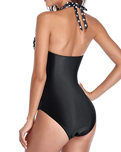 Fashionable Keyhole High Neck Tummy Control Swimsuits-Black Dot