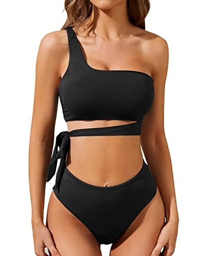 Flattering Two Piece Bandeau Top & Tie High Waisted Bikini Set-Black