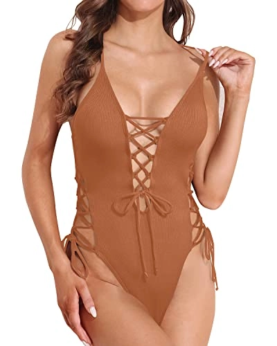 High Cut Bottom Sexy One Piece Swimsuit For Women-Brown