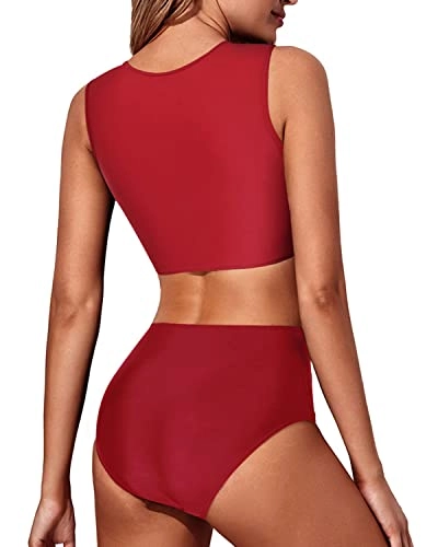 High Waisted Lace Women's 2 Piece Swimsuit Tummy Control Bottoms-Red