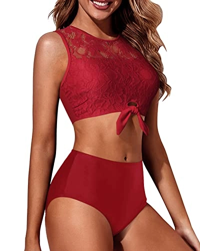 High Waisted Lace Women's 2 Piece Swimsuit Tummy Control Bottoms-Red