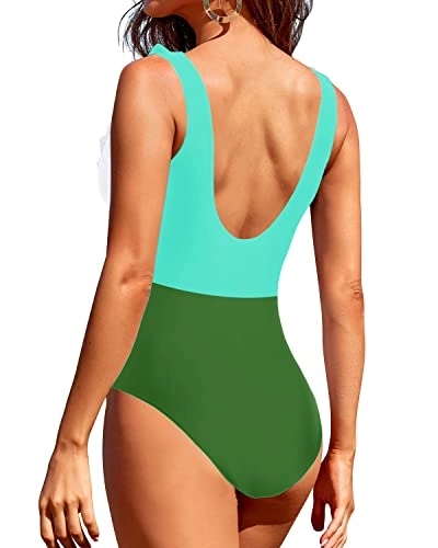 Long Torso High-Cut Swimsuits Sexy 1 Piece Swimsuits For Women-Green White