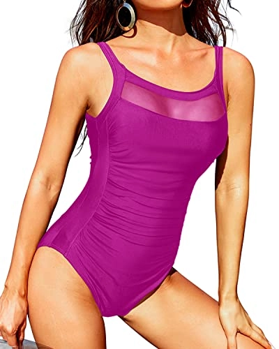 Mesh Round Neck One Piece Ruched Tummy Control Swimwear-Hot Pink