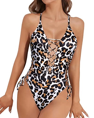 Plunge Deep V Neck Sexy One Piece Swimsuit For Women-Leopard