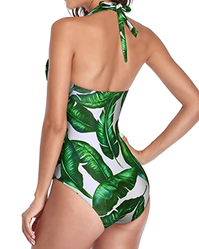 Push Up Padded Swimsuits Black Halter Bathing Suits-Green Leaf