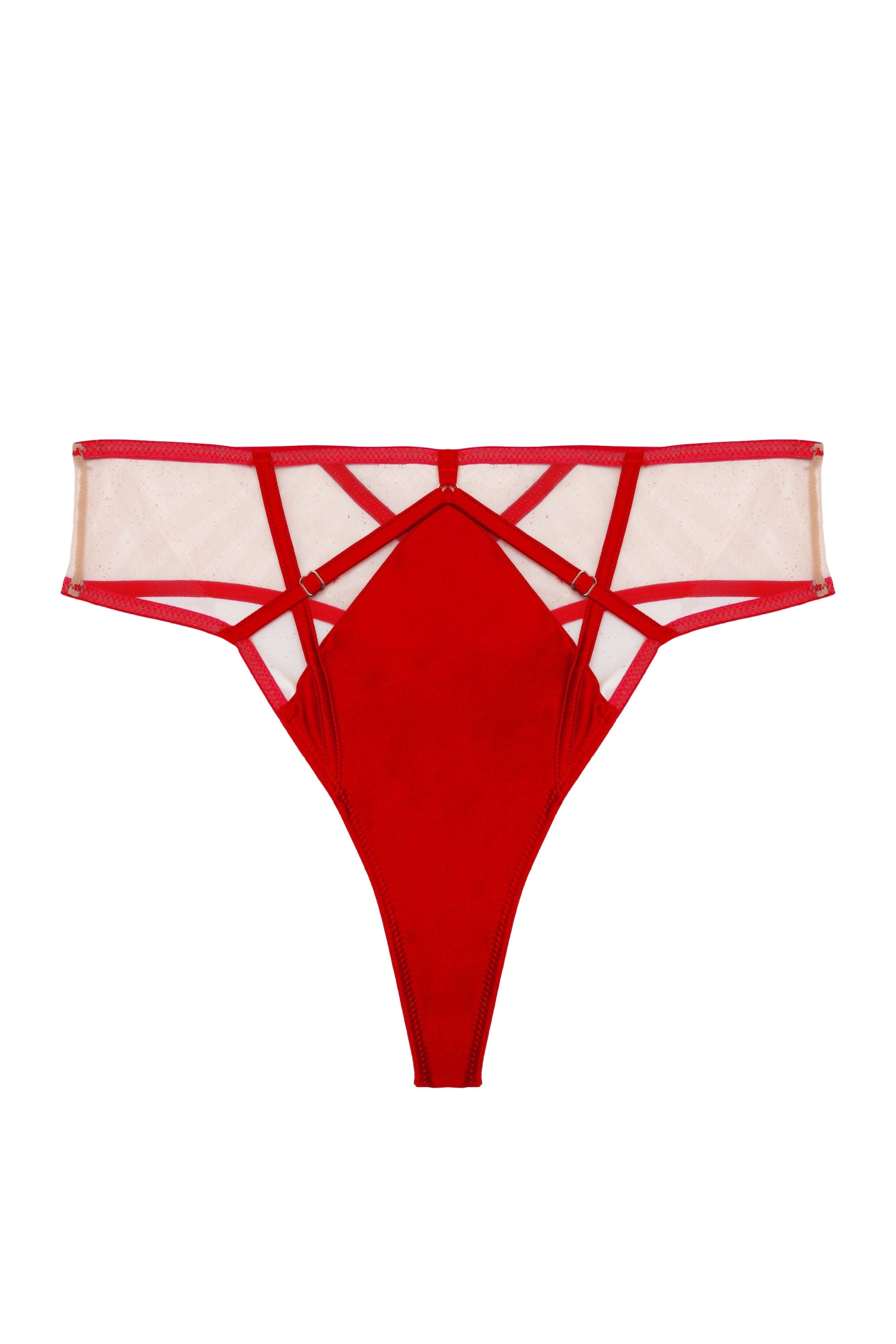 Ramona red Strap Detail Illusion Mesh High Waisted Thong