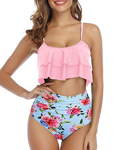 Ruched Bikini Set Double Tiered Ruffle Crop Top-Light Pink Floral