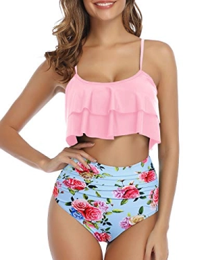 Ruched Bikini Set Double Tiered Ruffle Crop Top-Light Pink Floral