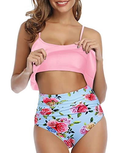 Ruched Bikini Set Double Tiered Ruffle Crop Top-Light Pink Floral