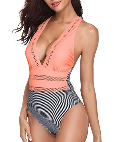 Sexy And Chic Hollow Out V Neck Monokini One Piece Swimsuits-Coral Pink Stripe