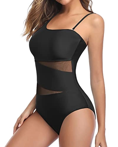 Sexy Cutout Mesh Inserts One Piece Swimsuit For Curvy Women-Black
