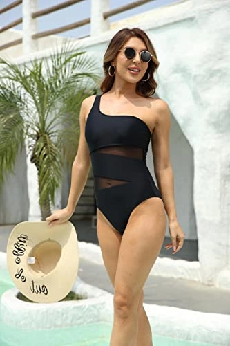 Sexy Cutout Mesh Inserts One Piece Swimsuit For Curvy Women-Black
