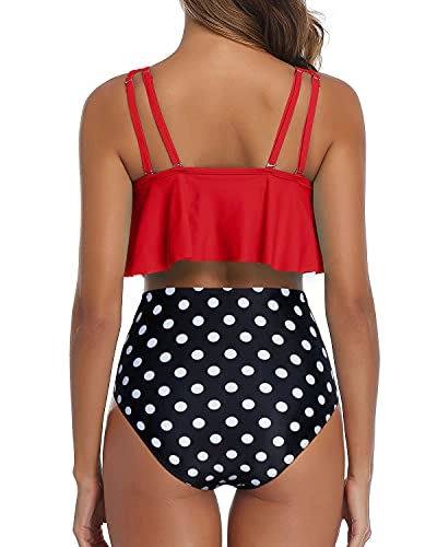 Sexy High Waisted Two Piece Women Ruffled Flounce Bikini Swimsuit-Red Dot