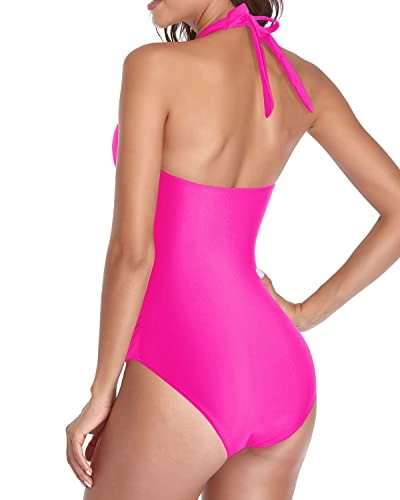 Sexy Long Torso Swimwear Black Halter Bathing Suits-Neon Pink