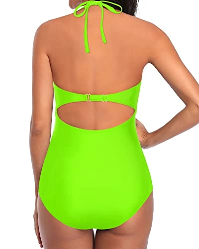 Sexy One Piece Monokini Hollow Out Tie Knot Back Bathing Suit Halter Plunge V Neck Swimsuit Tie Knot Back Bathing Suit-Neon Green