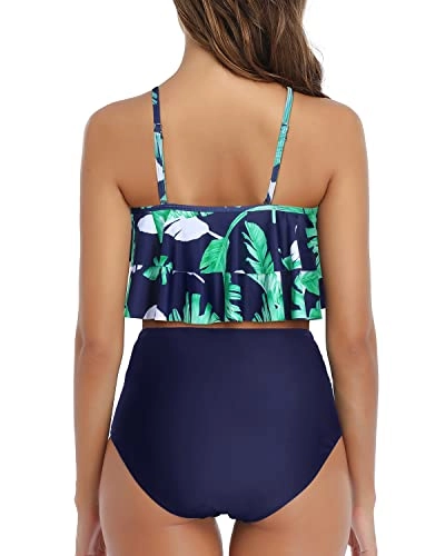Sexy Ruffle High Waisted Ruched Women's 2 Piece Bikini Set-Blue Leaf