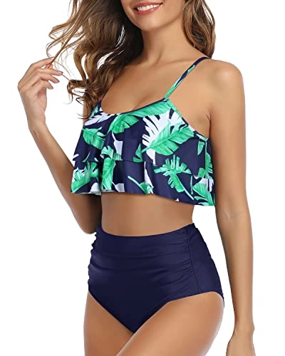 Sexy Ruffle High Waisted Ruched Women's 2 Piece Bikini Set-Blue Leaf