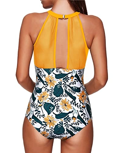 Slimming Tummy Control Ruched Monokini High Neck For Women-Yellow Floral