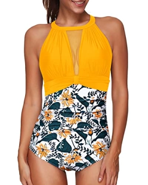 Slimming Tummy Control Ruched Monokini High Neck For Women-Yellow Floral