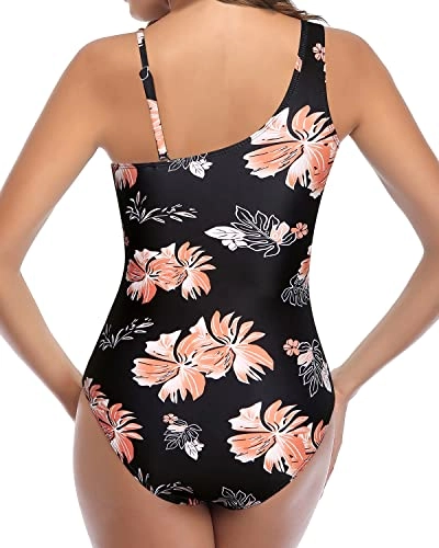 Stylish Asymmetrical Mesh Front Swimsuit For Curvy Women-Black Orange Floral