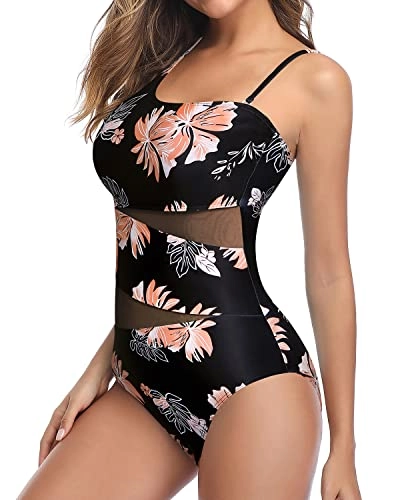 Stylish Asymmetrical Mesh Front Swimsuit For Curvy Women-Black Orange Floral
