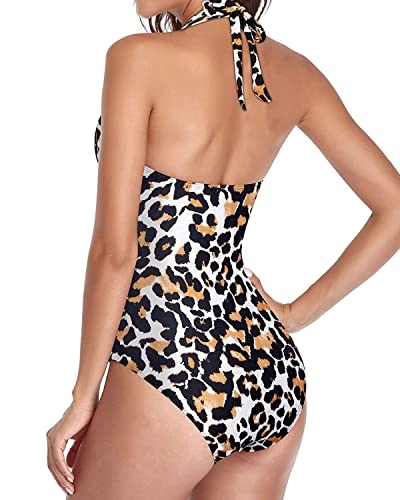 Tummy Control Halter Bathing Suits Black Halter Bathing Suits-Leopard