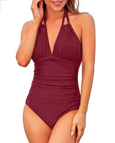 Tummy Control Halter One Piece Swimsuits Backless Swimwear-Maroon