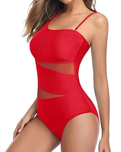 Tummy Control Mesh One Piece Swimsuit For Curvy Women-Red