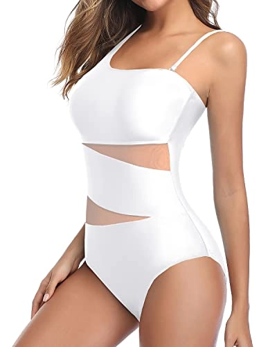 Women One Shoulder One Piece Mesh Tummy Control Swimsuits-White