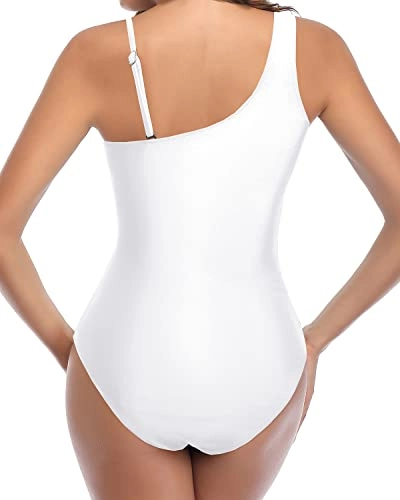 Women One Shoulder One Piece Mesh Tummy Control Swimsuits-White