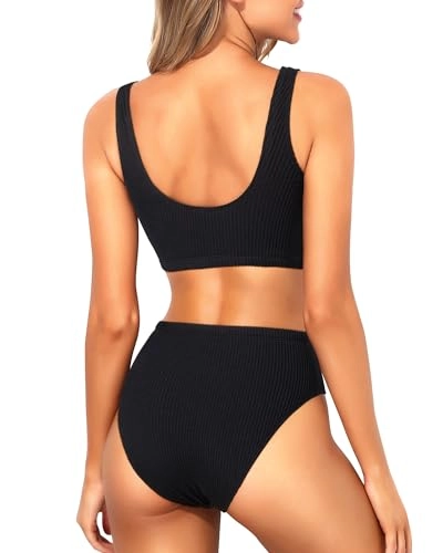Women Two Piece Scoop Neck Bikini Crop Top High Cut Swimsuit Sporty High Waisted Bathing Suit with Bottoms