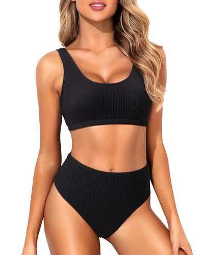 Women Two Piece Scoop Neck Bikini Crop Top High Cut Swimsuit Sporty High Waisted Bathing Suit with Bottoms