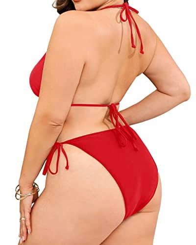 Women's Charming Halter Plus Size String Triangle Bikini-Red