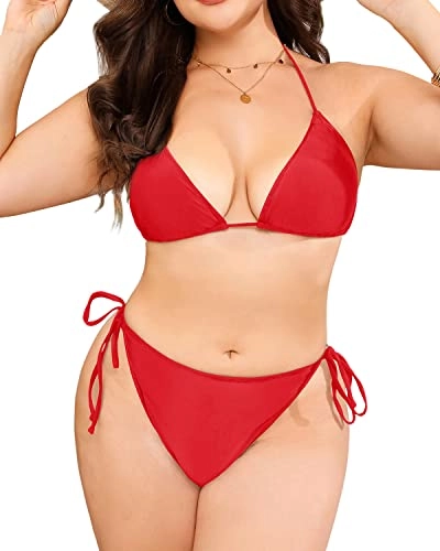 Women's Charming Halter Plus Size String Triangle Bikini-Red