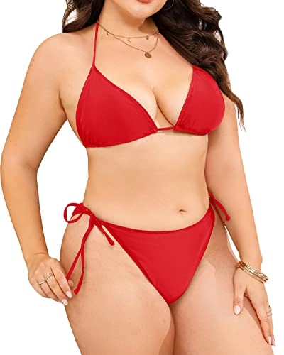 Women's Charming Halter Plus Size String Triangle Bikini-Red